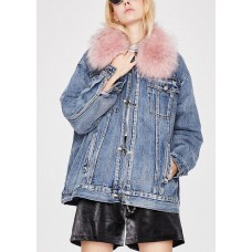 Fashion denim blue Pink fur collar Winter Duck Down Jacket