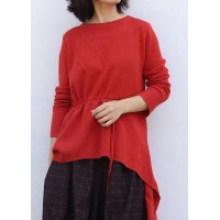 Pullover o neck red knit tops plus size drawstring asymmetric crane tops