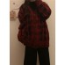 Chunky red plaid knit coats Loose fitting winter knit sweat tops v neck