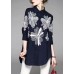 Handmade Blue Peter Pan Collar Embroideried Asymmetrical Design Cotton Long Shirt Half Sleeve