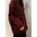 Chunky red plaid knit coats Loose fitting winter knit sweat tops v neck